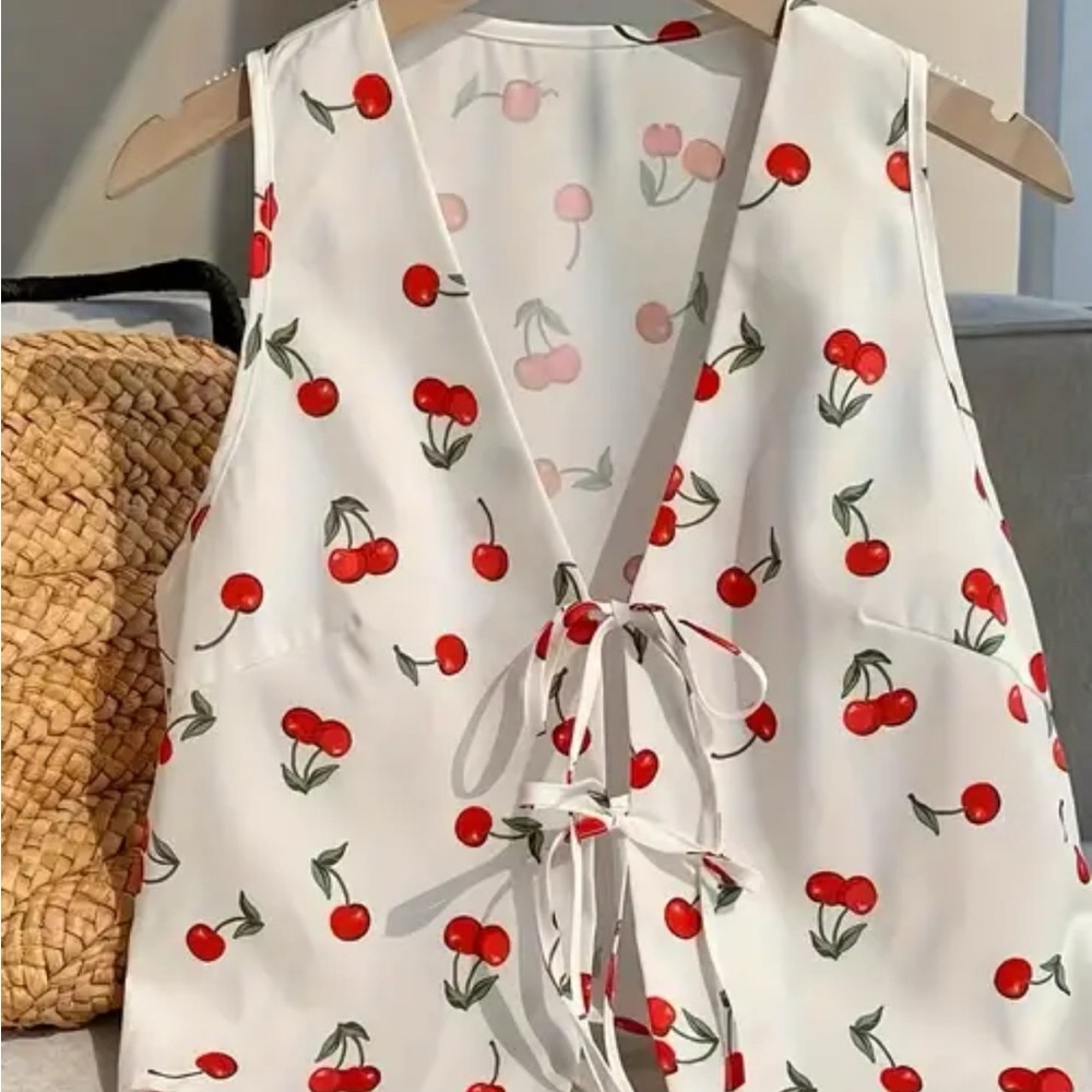 SHEIN White Cherry Print Tie-Front Top
